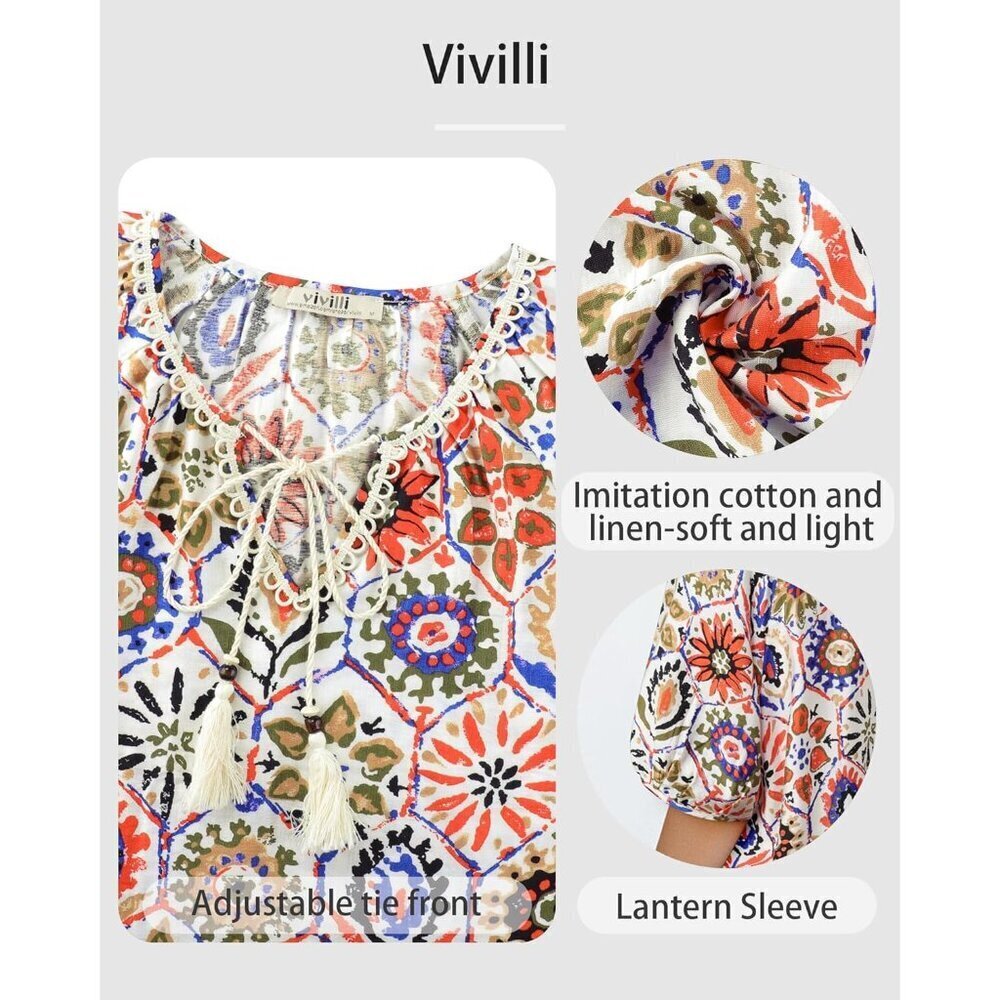 Womens Boho Top Cotton Blend Flowy Short Sleeve V Neck Floral Vacation - Picture 6 of 6